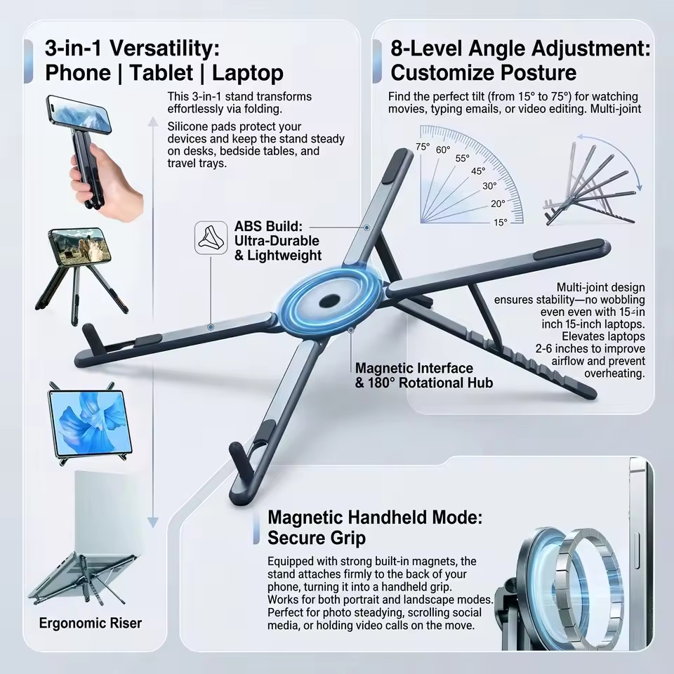 Tablet Stand Accessories - ที่วางโทรศัพท์แม่เหล็กแบบพกพาและไม้เซลฟี่ 3-in-1 ขาตั้งกล้องแบบพับได้สำหรับ iPhone iPad แท็บเล็ต